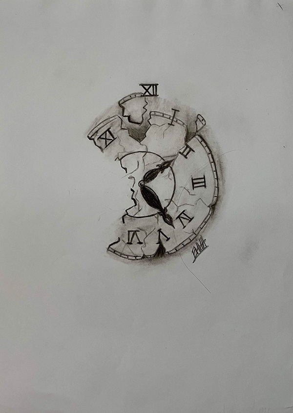 dessin d'une horloge détruite